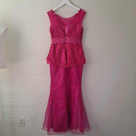 Pink Satin & Chiffon Bodycon Fishtail Bridal Guest Maxi Dress with Sequence - Picture 4 of 15